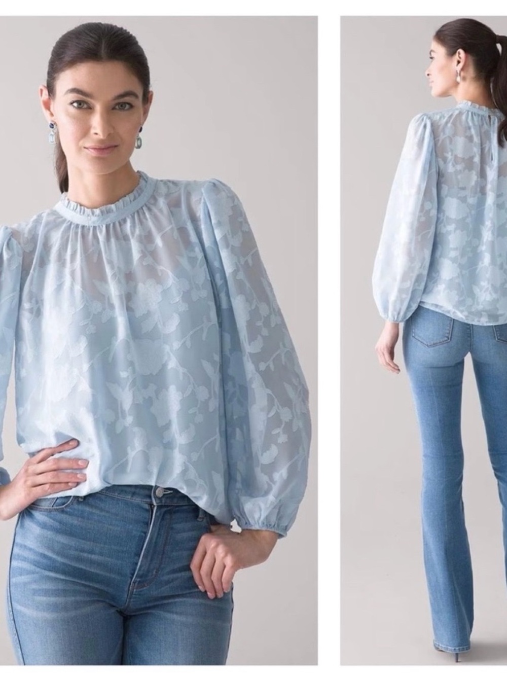 White House Black Market Light Blue Floral Sheer Puff-Sleeve Blouse
